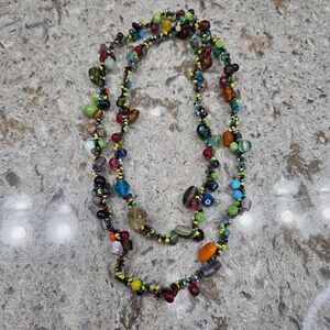 Vintage Bohemian Multi Color Glass Bead Long Strand Necklace Eclectic Rainbow